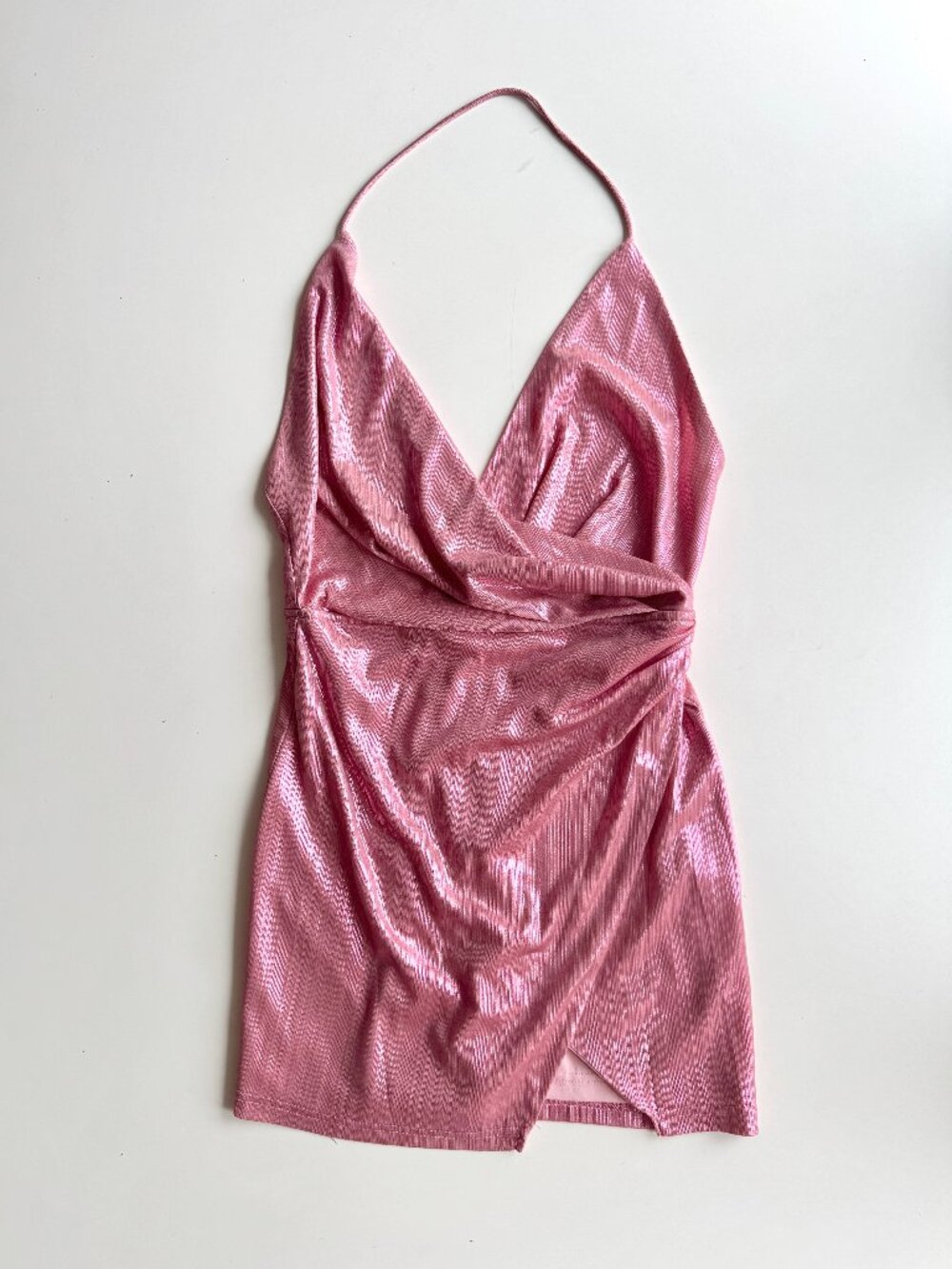 SUPERDOWN Missie Pink Metallic Surplice Wrap Front Mini Dress, Size S